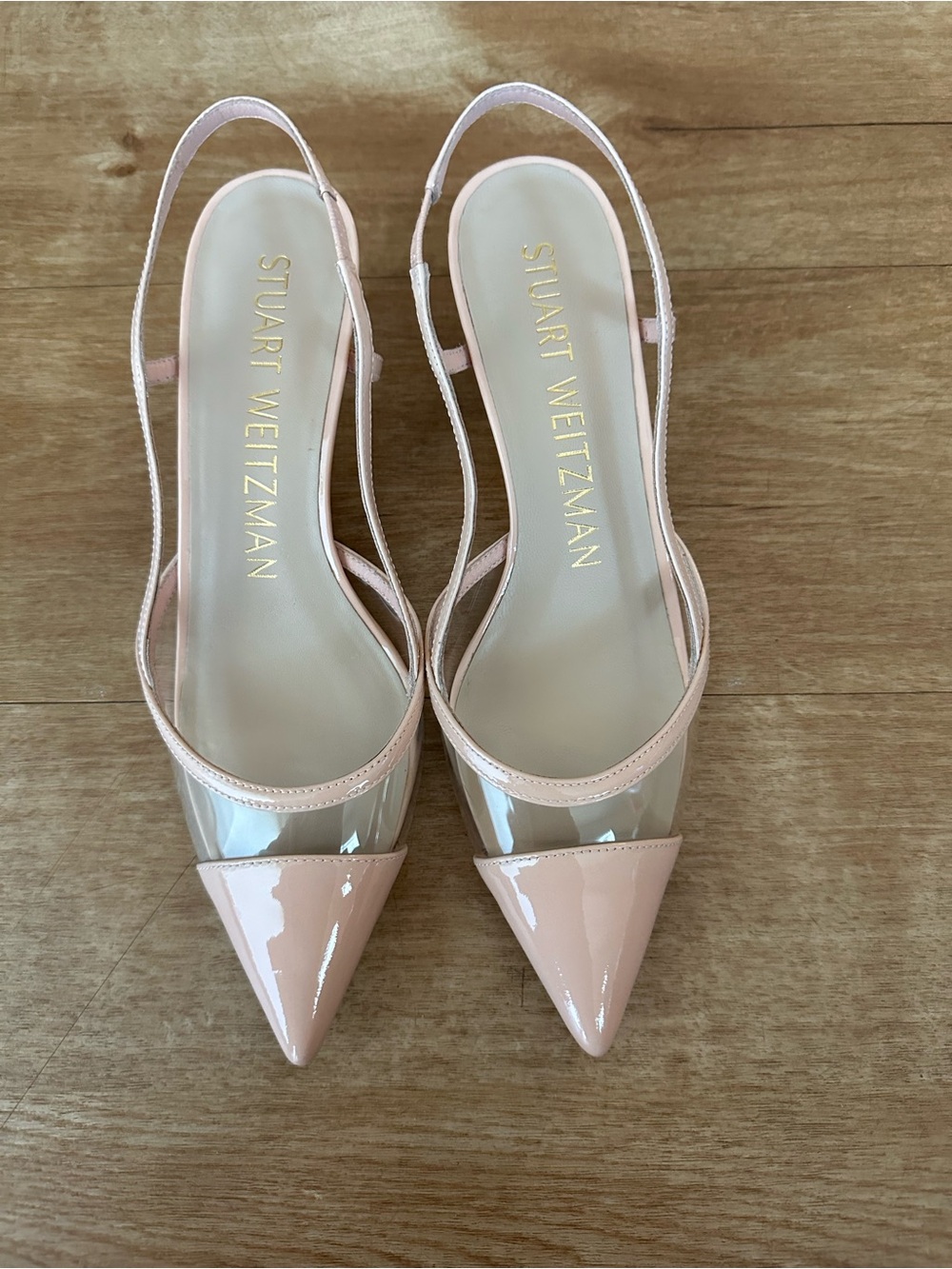 Stuart Weitzman Mondrian 50 Nude Patent/Clear PVC Slingback Pumps - Size5.5